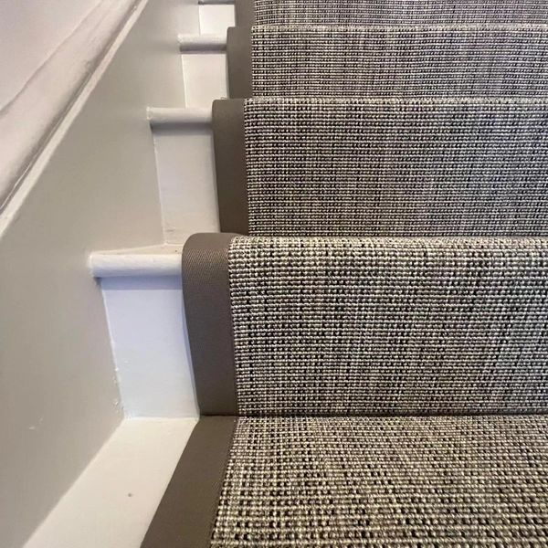 Bespoke stair runner supplied and installed by Flooring 4 You Ltd made from Unnatural Flooring New England Barnesville with a Bark coloured cotton border